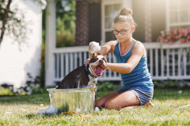 Mädchen wäscht Hund in Eimer - ISF06052