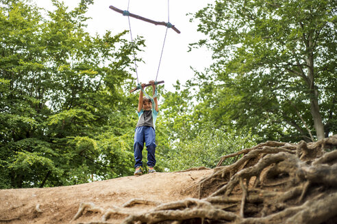 Young boy swinging on home-made tree swing - ISF06185