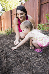 Mutter und kleine Tochter pflanzen Samen im Garten - CUF13975