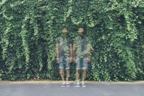 Double exposure portrait of transparent identical adult male twins and green foliage - CUF14212