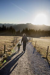 Rückansicht eines Mannes und seiner kleinen Tochter auf einem Feldweg, Tegernsee, Bayern, Deutschland - CUF15117