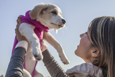 Over the shoulder low angle view of young woman holding up puppy smiling - CUF15172