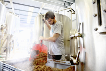 Arbeiter in einer Brauerei, der Treber aus dem Maischebottich entleert - CUF16024