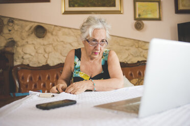 Frau, die einen Quilt anfertigt, mit Laptop - CUF16059