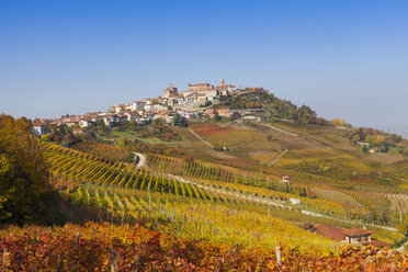 Blick auf herbstliche Weinberge und ein Bergdorf, Langhe, Piemont, Italien - CUF16133