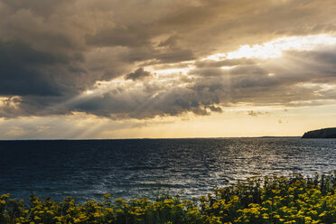 Germany, Ruegen, coast and Baltic sea under cloudy sky - MJF02299