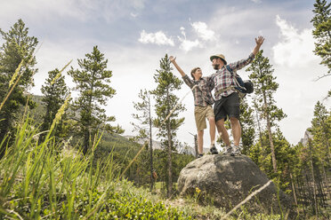 Tiefblick auf Vater und Sohn im Wald, die auf einem Felsen stehen und die Arme im Triumph erhoben haben, Red Lodge, Montana, USA - ISF06409