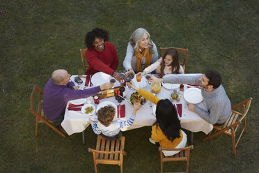 Overhead view of multi generation family dining outdoors, making a toast smiling - CUF17688