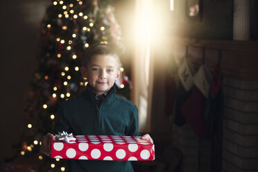 Junge vor dem Weihnachtsbaum, der ein Geschenk hält und lächelnd in die Kamera schaut - ISF06965