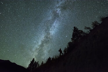 Mann mit Silhouette gegen den Nachthimmel und die Milchstraße im Bergwald, Penticton, British Columbia, Kanada - ISF07097