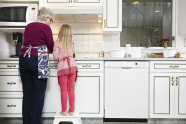 Rückansicht eines Mädchens und einer Großmutter, die am Küchenherd stehen - ISF07426