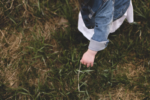 Junges Mädchen pflückt Gras auf einem Feld, Blick von oben - CUF19198