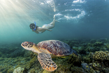 Young woman swimming with rare green sea turtle (Chelonia Mydas), Moalboal, Cebu, Philippines - CUF19286