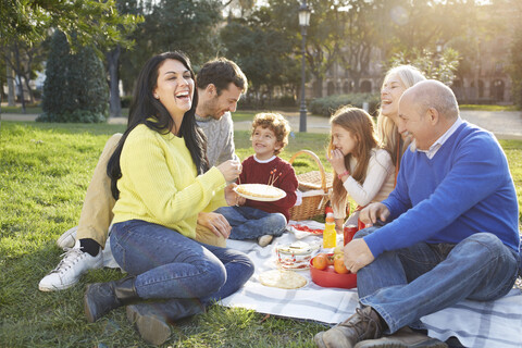 Mehrgenerationenfamilie beim Picknick im Gras, lizenzfreies Stockfoto