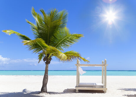 Strandliege neben einer Palme am Strand, Dominikanische Republik, Karibik - CUF19746