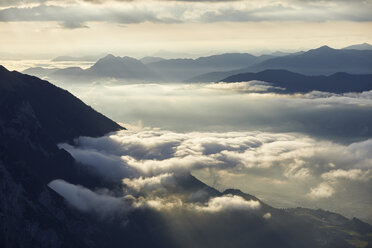 Austria, Tyrol, Innsbruck county, Gnadenwald, Hundskopf, View to Inn Valley at sunrise - CVF00636