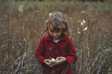 Mädchen hält Wildblumenschoten in einem Feld mit langem Gras - ISF07436