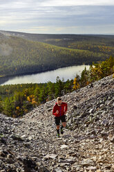 Trailrunner beim Aufstieg auf einen steilen Hügel, Kesankitunturi, Lappland, Finnland - CUF20125