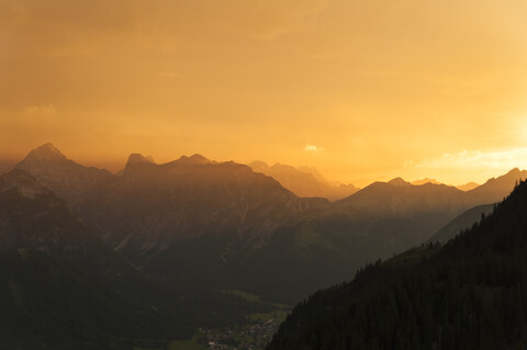 Austria, Tyrol, Maurach, Rofan Mountains at sunset stock photo