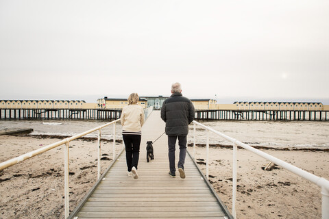 Rückansicht in voller Länge eines älteren Paares, das mit einem Schnauzer auf der Strandpromenade spazieren geht, gegen den klaren Himmel, lizenzfreies Stockfoto