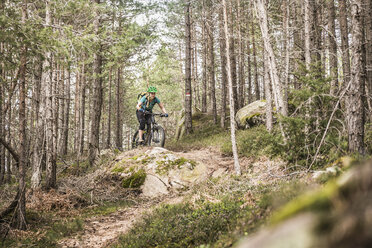 Woman mountain biking in forest, Bozen, South Tyrol, Italy - CUF20950