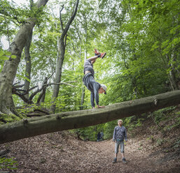 Junge im Wald macht Handstand auf umgestürztem Baum - CUF21165