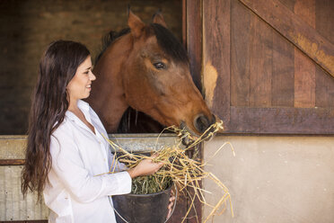 Lächelnde Frau, die ein Pferd auf einem Bauernhof füttert - ZEF15557