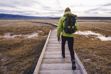 Rear view of hiker on wooden walkway over wetland, Mammoth Lakes, California, USA - ISF07607