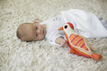 Baby boy lying on rug looking at toy bird - CUF21416