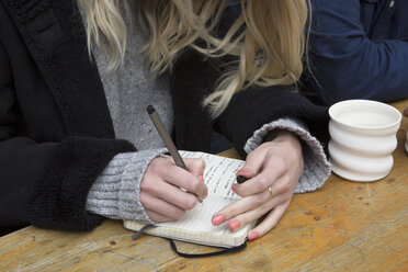 Hand einer Frau am Cafétisch, die in ein Notizbuch schreibt - CUF21623