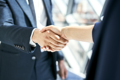 Close-up of handshake of businesswoman and businessman stock photo