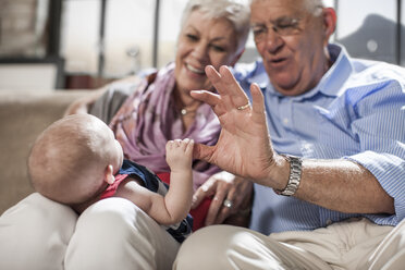 Grandparents playing with granddaughter at home - ISF08181