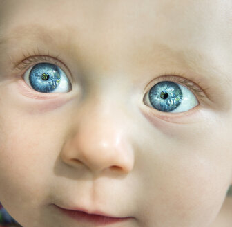 Cropped portrait of blue eyed baby girl looking away - ISF08569