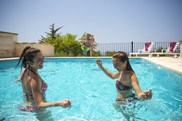 Junge Frauen spielen im Schwimmbad eines Boutique-Hotels, Mallorca, Spanien - CUF22667