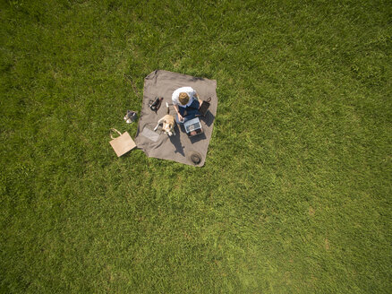 Bird's eye view of woman sitting on blanket on meadow with dog using laptop and tablet - ONF01121