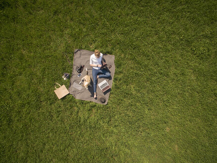 Bird's eye view of woman sitting on blanket on meadow with dog using tablet - ONF01122