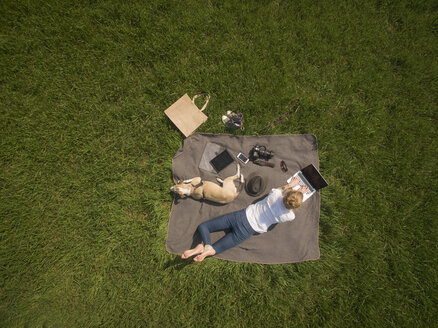 Bird's eye view of woman lying on blanket on meadow with dog using laptop - ONF01125