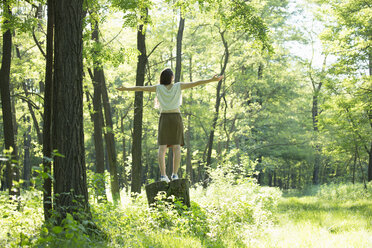 Rückansicht einer Frau, die mit ausgebreiteten Armen auf einem Baumstumpf im Wald steht, Vogogna, Verbania, Piemonte, Italien - CUF22895