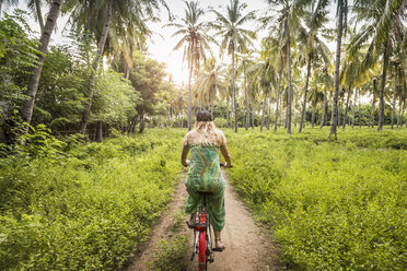 Rückansicht einer jungen Frau beim Radfahren im Palmenwald, Gili Meno, Lombok, Indonesien - CUF23006