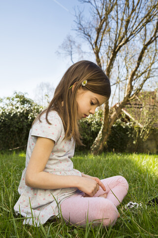 Little girl sitting on a meadow picking daisies stock photo