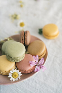 Macarons with blossoms in bowl - JPF00321