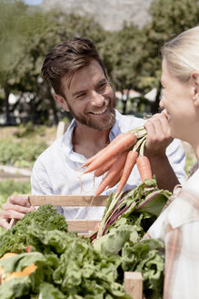 Älteres Paar hält Kiste mit frischem Gemüse im Garten - ISF08930