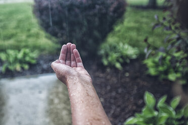 Mädchen mit geschröpfter Hand fangen Regen - ISF09098