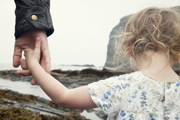 Cropped image of female toddler holding fathers hand whilst strolling on beach, Crackington Haven, Cornwall - CUF23285