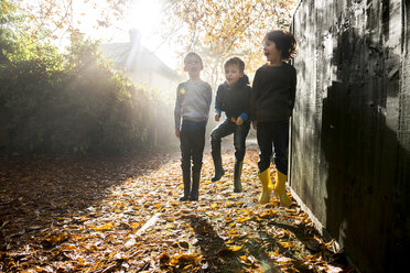 Drei kleine Jungen, die im Freien spielen und im Herbstlaub springen - CUF23509