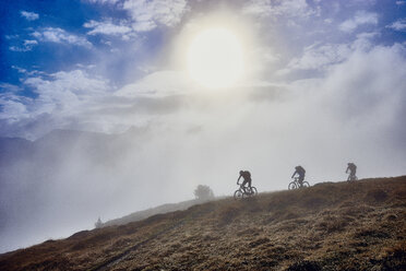 Drei Personen beim Mountainbiken, Wallis, Schweiz - CUF23884