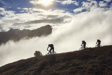 Drei Personen beim Mountainbiken, Wallis, Schweiz - CUF23886