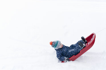 Junge spielt auf seinem Schlitten im Schnee - CUF24120