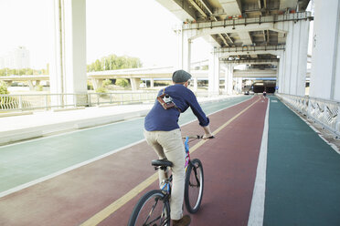 Rückansicht eines männlichen Touristen, der mit dem Fahrrad auf dem Radweg fährt, Seoul, Südkorea - CUF24141