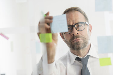 Businessman sticking adhesive notes to glass wall - CUF24239